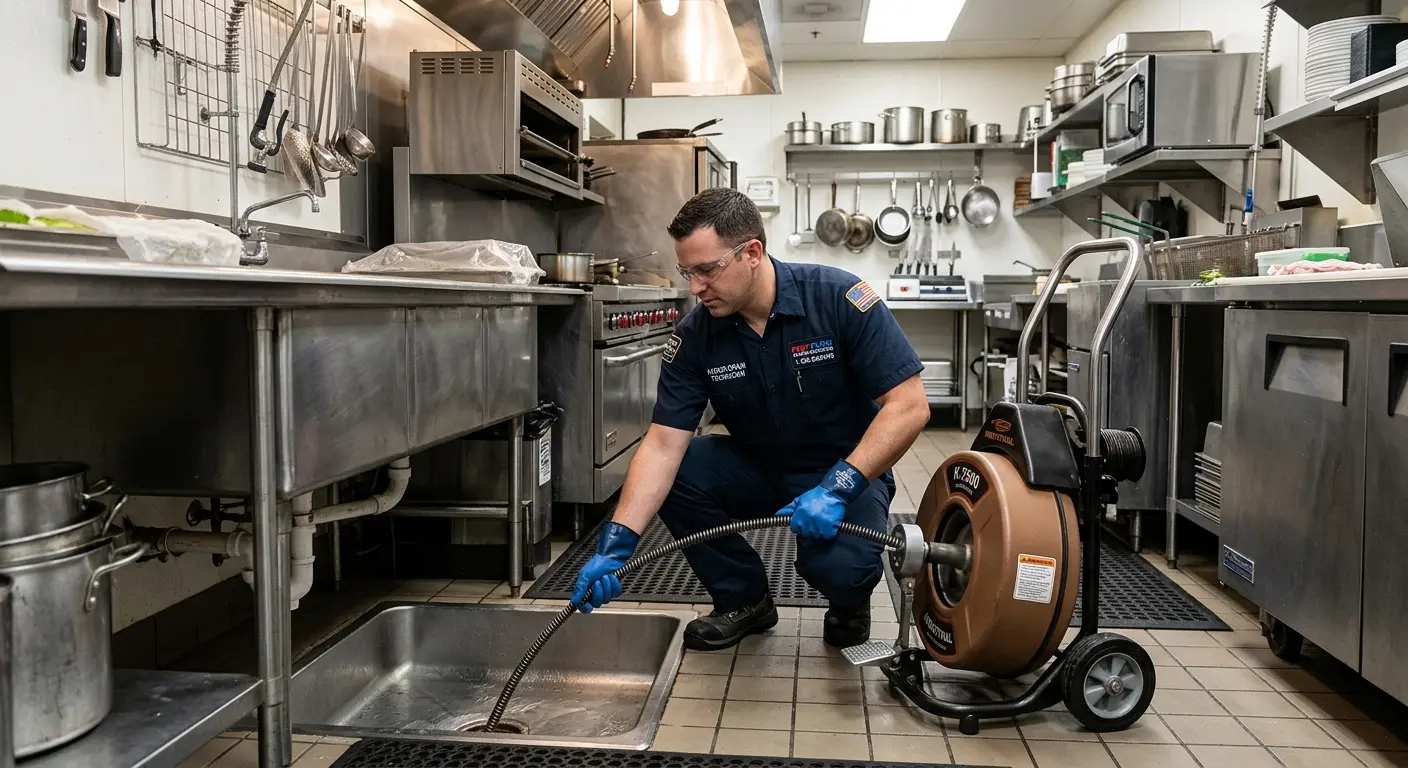 Commercial drain cleaning service in a restaurant kitchen in Stratmoor