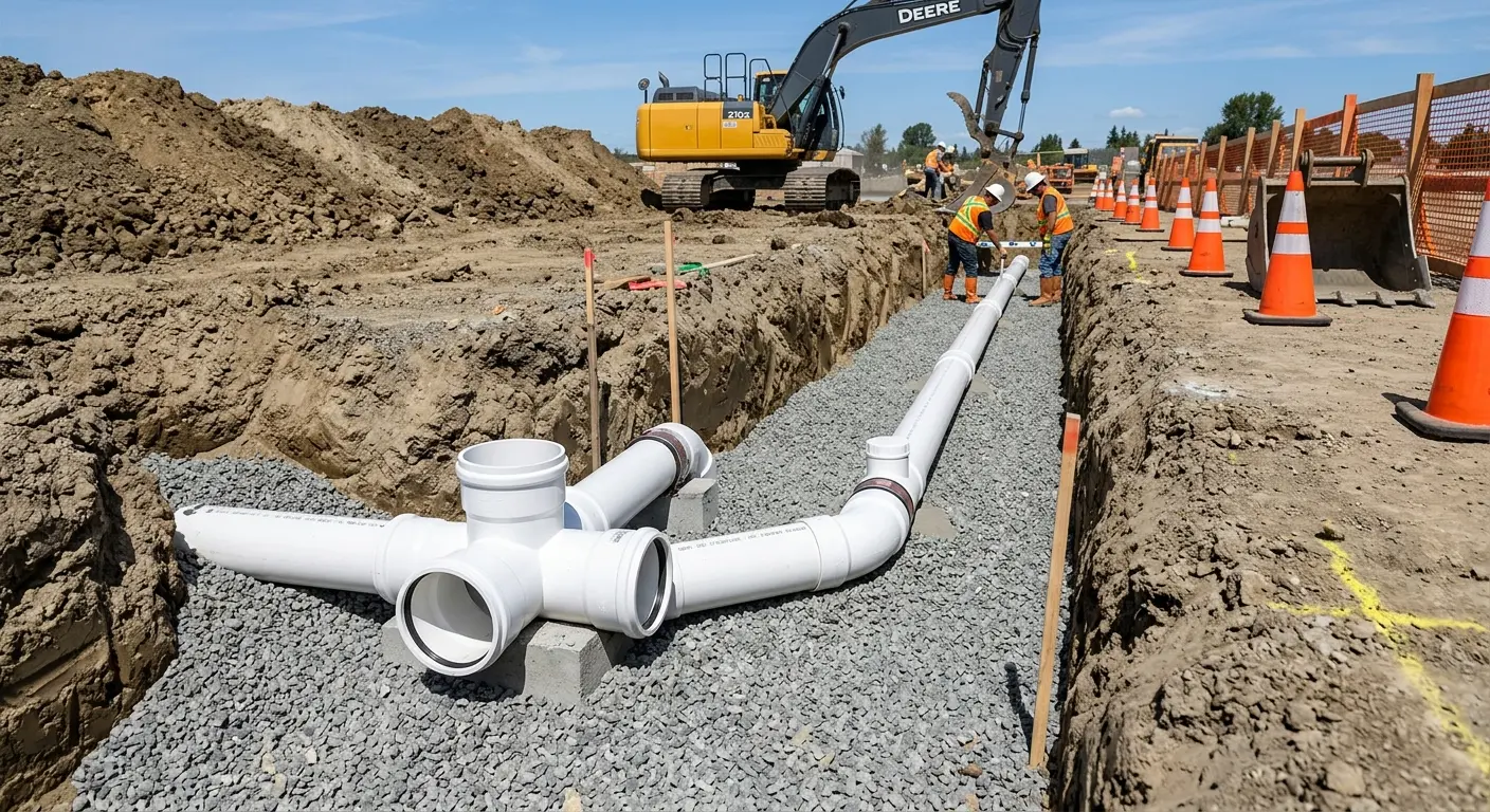 New PVC sewer pipe installation in open trench for Sewer Backup in Stratmoor