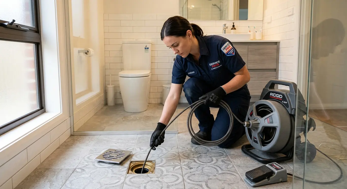 Technician clearing a bathroom floor drain for Sewer Line Replacement in Stratmoor